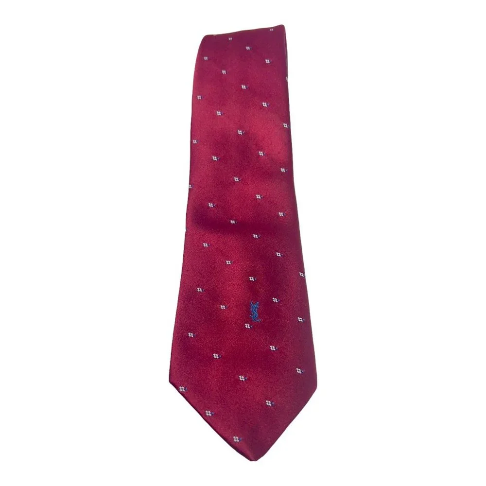 YSL Yves Saint Laurent Neckwear Vintage Men's Tie Red With Blue Logo 3.5